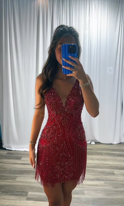 Cute Burgundy Sheath Beaded Birthday Dress Short Homecoming Dress DP06937