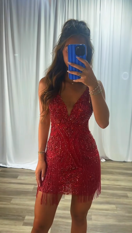 Cute Burgundy Sheath Beaded Birthday Dress Short Homecoming Dress DP06937