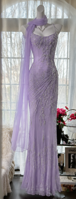 Chic Lavender Sheath Chiffon Beaded Long Prom Dress DP06941