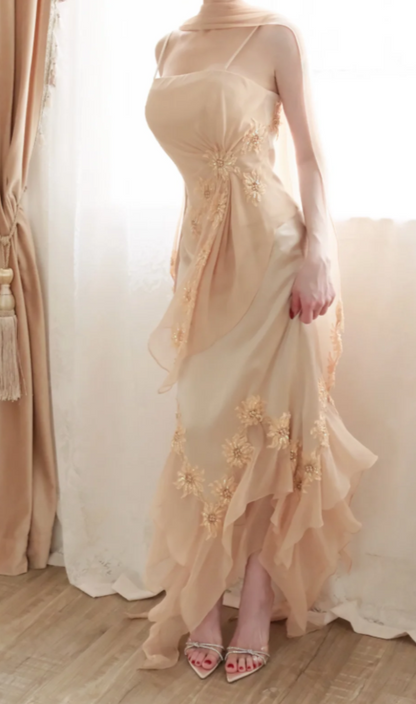 Chic Champagne Sheath Chiffon Long Prom Dress DP06945