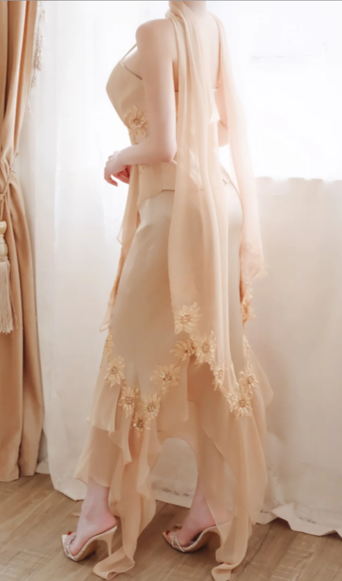 Robe Longue de Bal Fourreau en Mousseline de Soie Champagne Chic DP06945