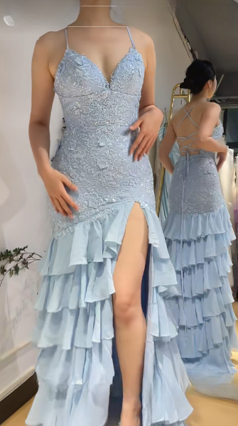 Chic Blue Sheath Chiffon Long Prom Dress DP06946