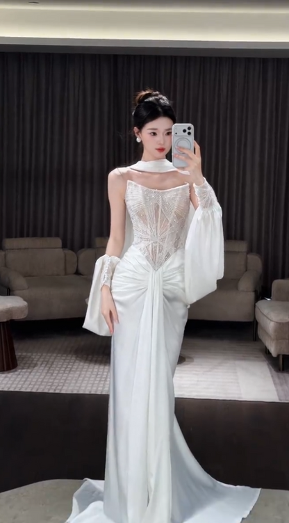 Simple White Sheath Satin Bridal Gown DP07005