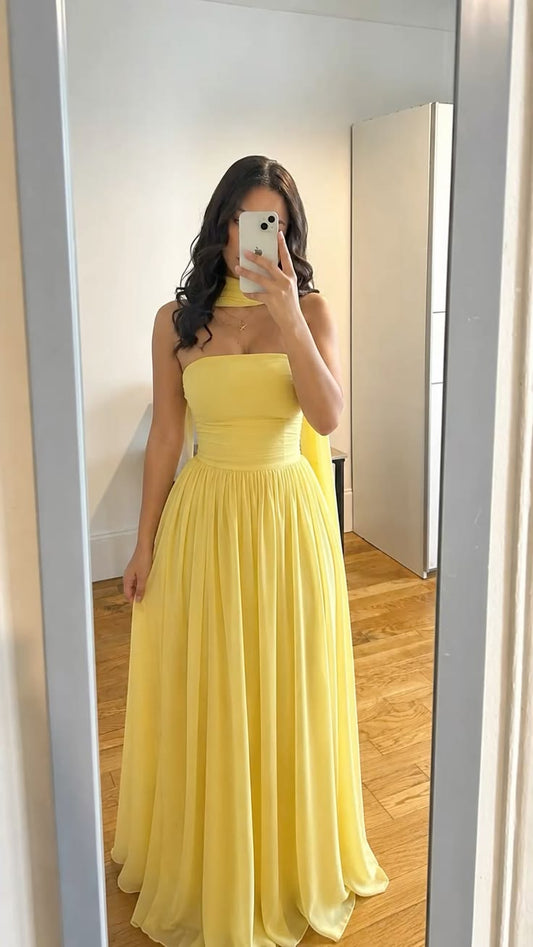 Robe de bal jaune chic fourreau en mousseline longue DP07026