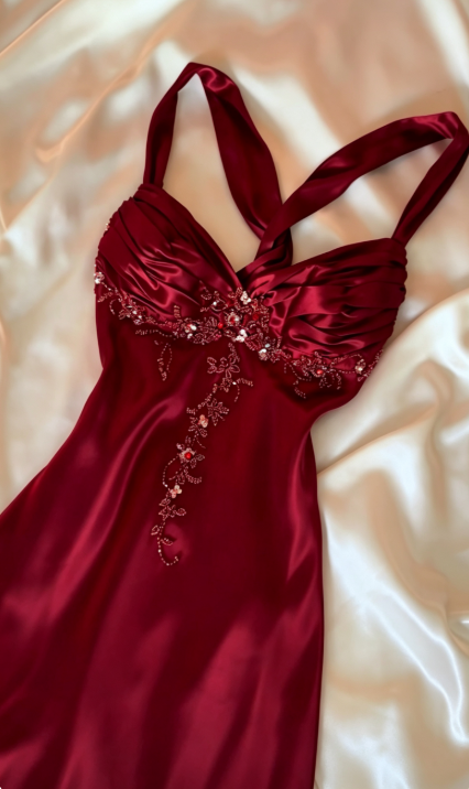 Chic Burgundy Prom Dress Sheath Satin Long Evening Dress DP07038