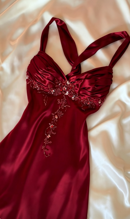 Chic Burgundy Prom Dress Sheath Satin Long Evening Dress DP07038