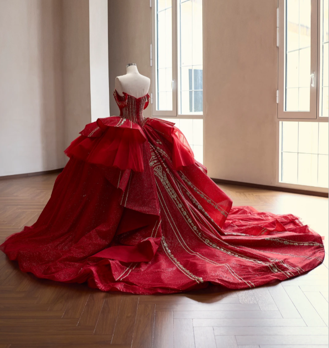 Gorgeous Red Ball Gown Quinceanera Dress Tulle Sweet 16 Dress DP07068