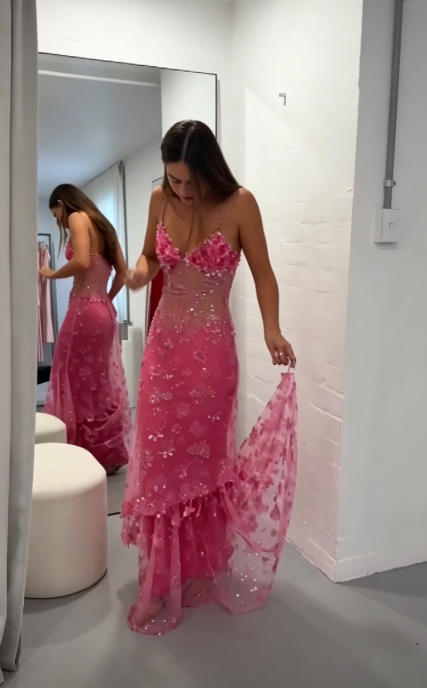 Elegant Pink Long Prom Dress Sheath Chiffon Sequins Prom Dress DP07098