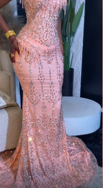 Élégante Robe de Bal Longue Rose Fourreau en Tulle Perlé Robe de Soirée DP07099