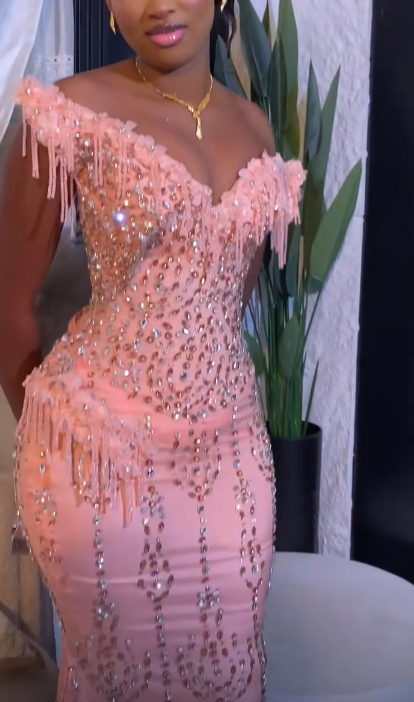 Élégante Robe de Bal Longue Rose Fourreau en Tulle Perlé Robe de Soirée DP07099