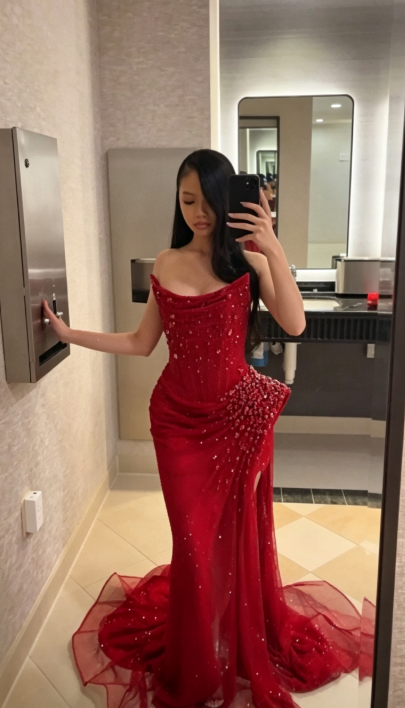 Elegant Red Long Prom Dress Sheath Tulle Beaded Prom Dress DP07100