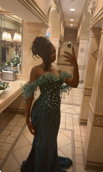 Robe de Bal Longue Vert Foncé Élégante Fourreau en Tulle Perlé Robe de Soirée DP07101