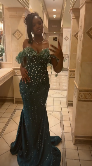 Robe de Bal Longue Vert Foncé Élégante Fourreau en Tulle Perlé Robe de Soirée DP07101