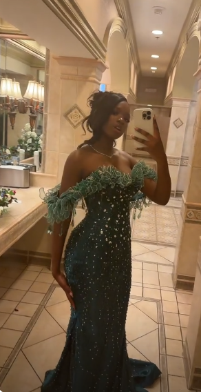 Robe de Bal Longue Vert Foncé Élégante Fourreau en Tulle Perlé Robe de Soirée DP07101