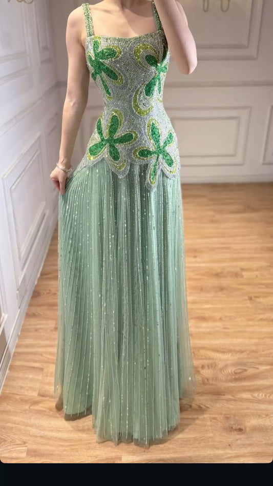 Élégante Robe de Bal Longue Verte Fourreau Perlé Robe de Soirée DP07104