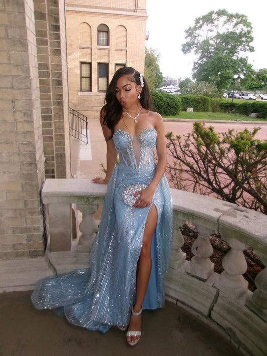 Élégante Robe de Bal Longue Bleue Fourreau Tulle Perlé Robe de Soirée DP07105