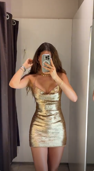 Robe de soirée courte fourreau à paillettes dorées pour anniversaire DP07118