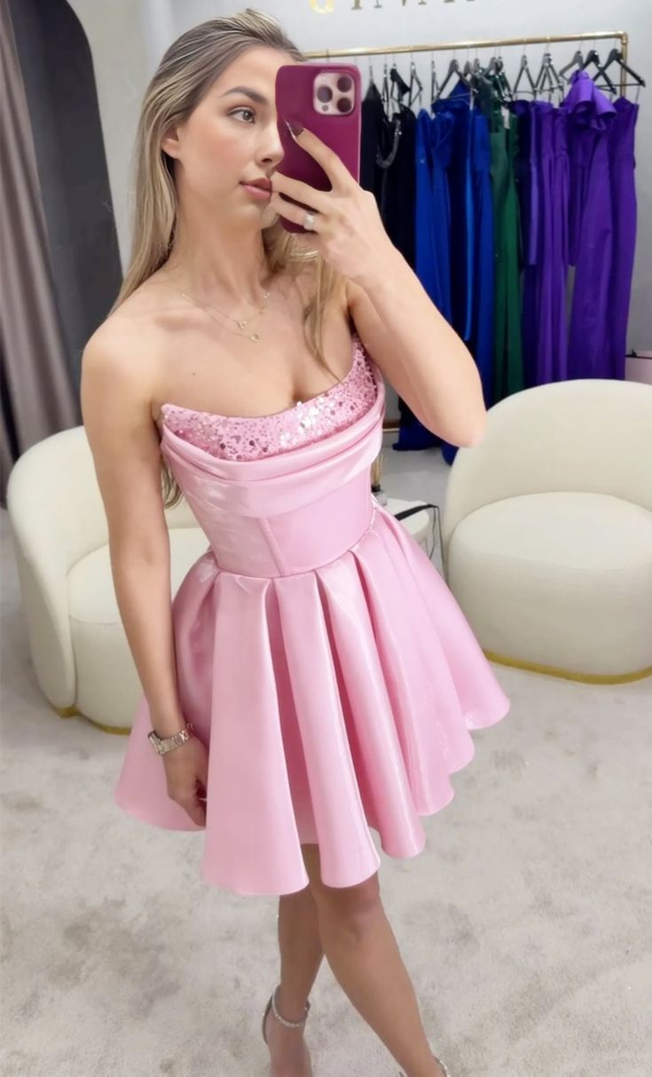 Robe de Soirée Rose Drapée Coupe A-ligne en Satin Courte DP07119
