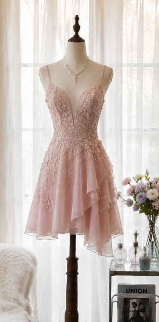 Chic Pink Short Homecoming Dress Sheath Chiffon Beaded Birthday Dress DP07123