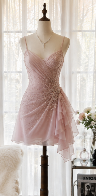 Chic Pink Short Homecoming Dress Sheath Chiffon Beaded Birthday Dress DP07124