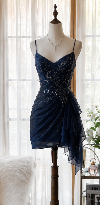 Elegantes marineblaues kurzes Homecoming-Kleid, Etui, Chiffon, Perlenstickerei, Geburtstagskleid DP07125