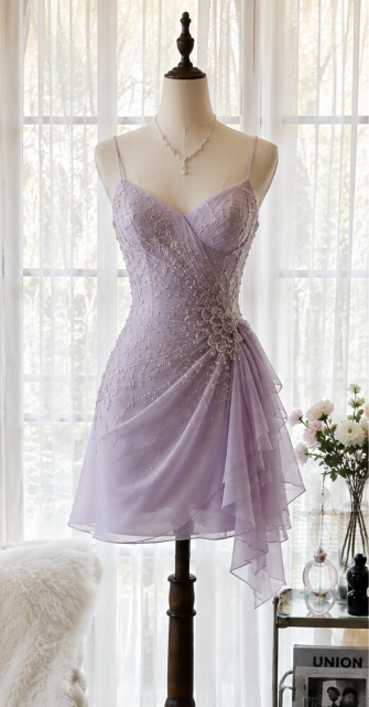 Elegantes kurzes Homecoming-Kleid in Lila, Etui-Stil, Chiffon, Perlenbestickung, Geburtstagskleid DP07132