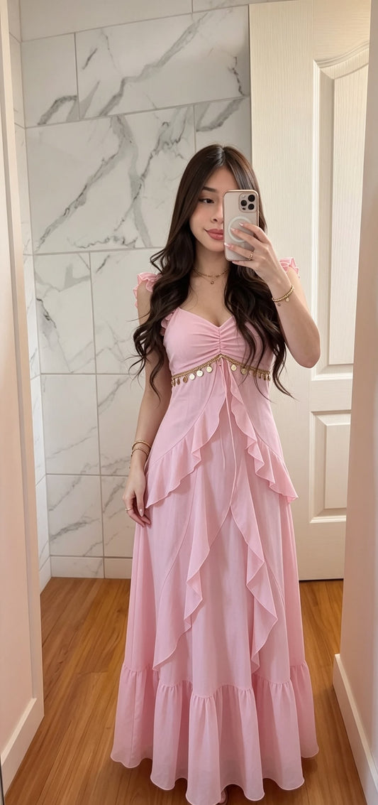 Chic Pink Prom Dress Sheath Chiffon Long Evening Dress DP07146