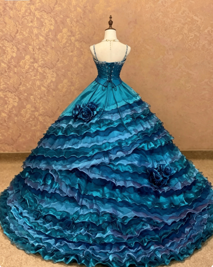 Elegantes blaues Ballkleid Abschlussballkleid Süßes 16 Kleid Tüll Quinceañera Kleid DP07149