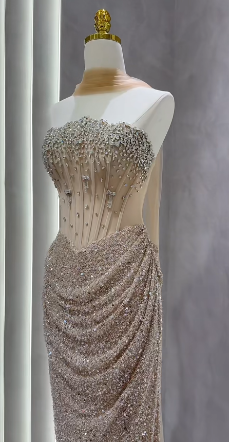 Pretty Light Gold Prom Dress Sheath Tulle Sequins Long Evening Dress DP07151