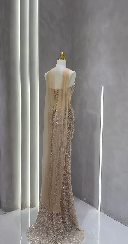 Pretty Light Gold Prom Dress Sheath Tulle Sequins Long Evening Dress DP07151