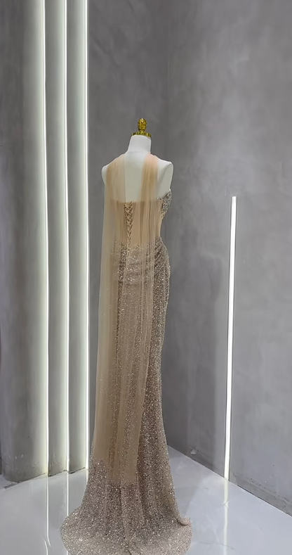 Pretty Light Gold Prom Dress Sheath Tulle Sequins Long Evening Dress DP07151