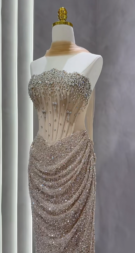 Pretty Light Gold Prom Dress Sheath Tulle Sequins Long Evening Dress DP07151