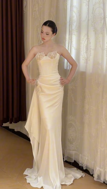 Pretty Light Champagne Prom Dress Sheath Satin Long Evening Dress DP07152