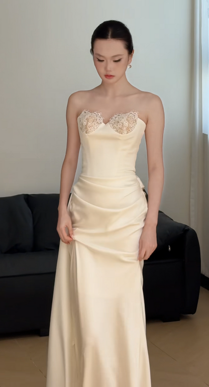 Pretty Light Champagne Prom Dress Sheath Satin Long Evening Dress DP07152