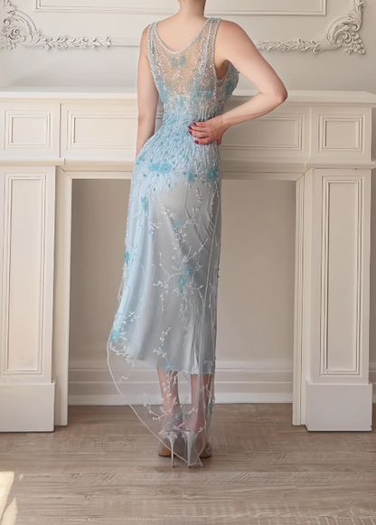Pretty Blue Prom Dress Sheath Chiffon Beaded Long Evening Dress DP07155