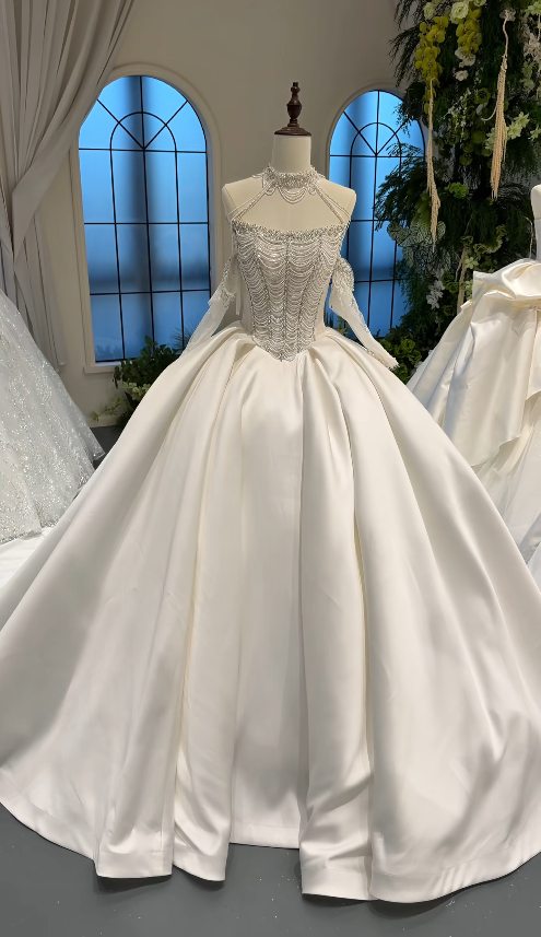 Pretty White A-Line Satin Long Wedding Dress for Brides DP07156