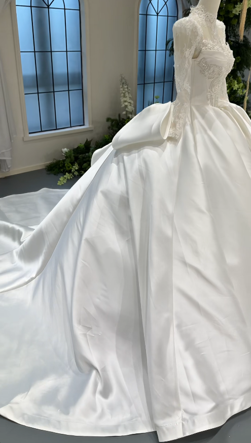 Pretty White A-Line Satin Long Wedding Dress for Brides DP07157