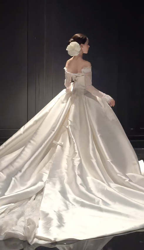 Pretty White A-Line Satin Long Wedding Dress for Brides DP07158