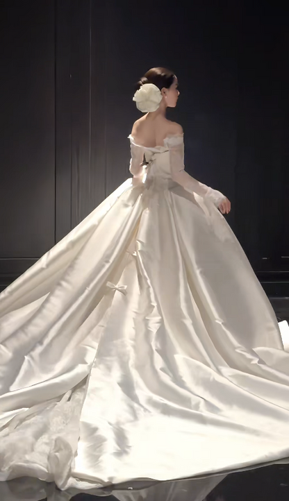Pretty White A-Line Satin Long Wedding Dress for Brides DP07158