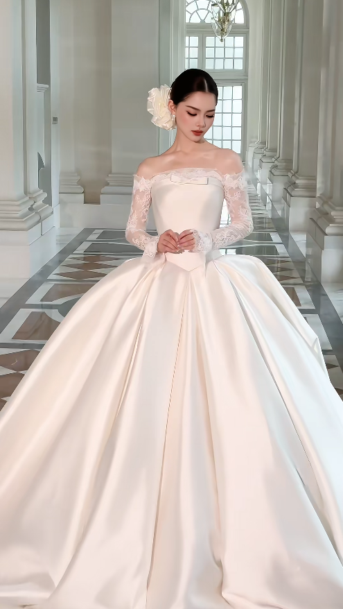 Pretty White A-Line Satin Long Wedding Dress for Brides DP07158