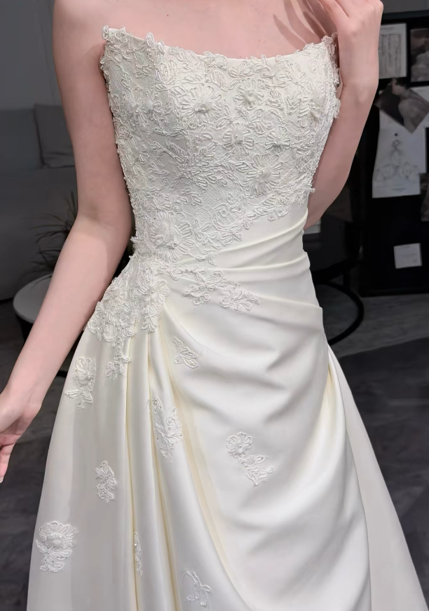 Pretty White A-Line Satin Long Wedding Dress for Brides DP07160
