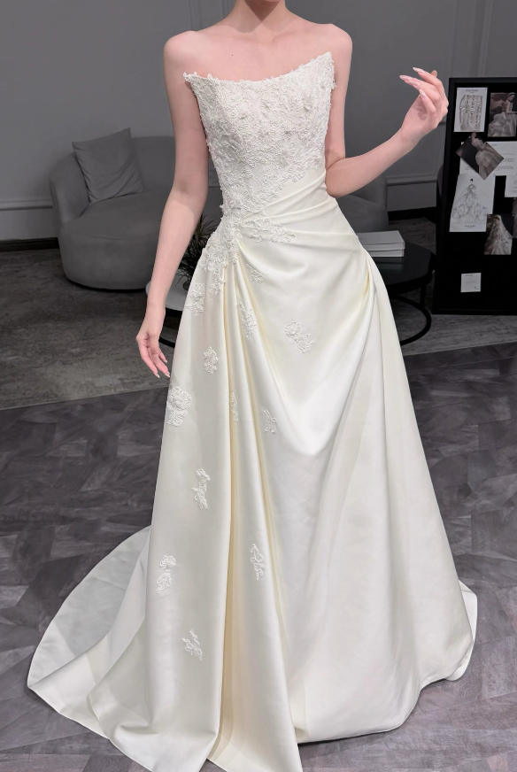 Pretty White A-Line Satin Long Wedding Dress for Brides DP07160