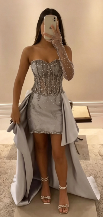 Pretty Grey Blue Birthday Dress Satin Beaded Sheath Short Homecoming Dress DP07169