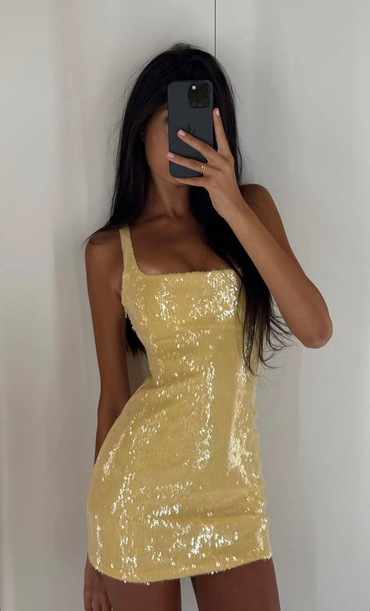 Wunderschönes kurzes gelbes Etui-Heimkehrkleid mit Pailletten, Geburtstagskleid DP07183