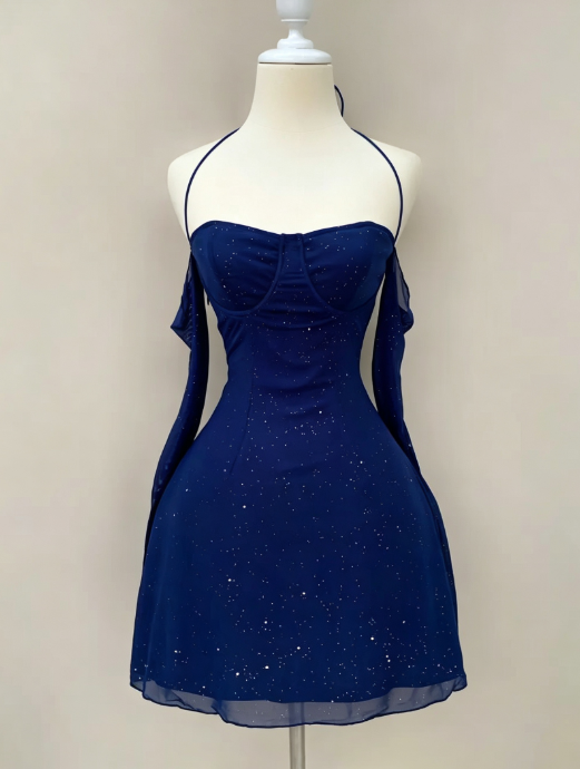 Wunderschönes blaues kurzes figurbetontes Heimkehrer-Kleid aus Chiffon für Geburtstage DP07188