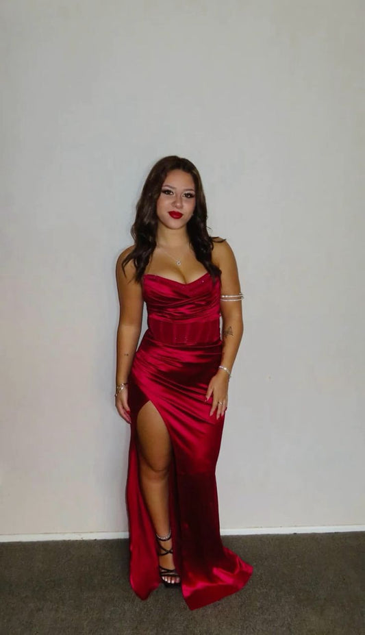 Elegantes langes Abendkleid Burgund Scheide Satin Ballkleid DP07193
