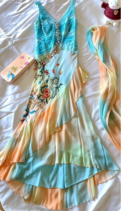 Beautiful Blue Long Evening Dress Sheath Chiffon Beaded Prom Dress DP07196