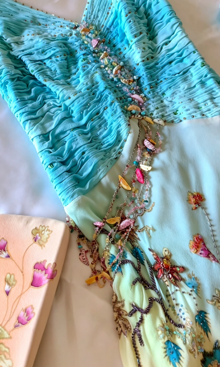 Wunderschönes blaues langes Abendkleid Scheide Chiffon Perlen Ballkleid DP07196