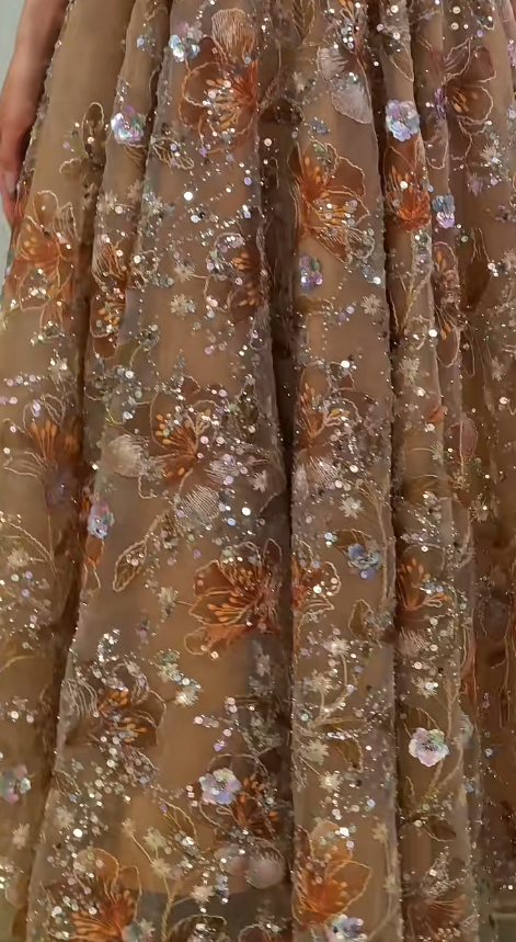 Wunderschönes champagnerfarbenes langes Abendkleid Etui Chiffon Perlen Ballkleid DP07198