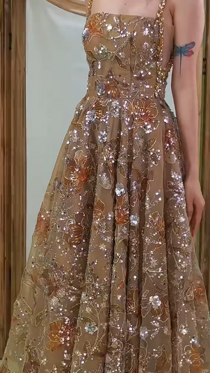 Beautiful Champagne Long Evening Dress Sheath Chiffon Beaded Prom Dress DP07198